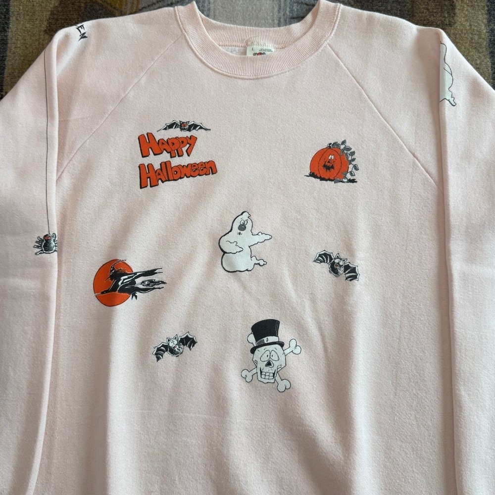 Vintage Fruit of the Loom Halloween Sweatshirt Pink Raglan Ghost Pumpkin Large - Picture 4 of 10